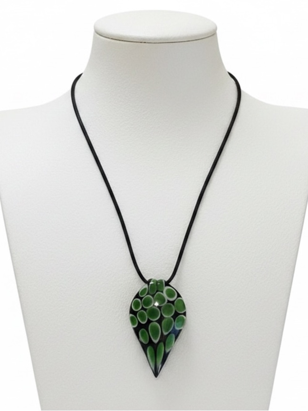 Handmade Lampwork Glass Teardrop Pendant Black Green Corded Necklace